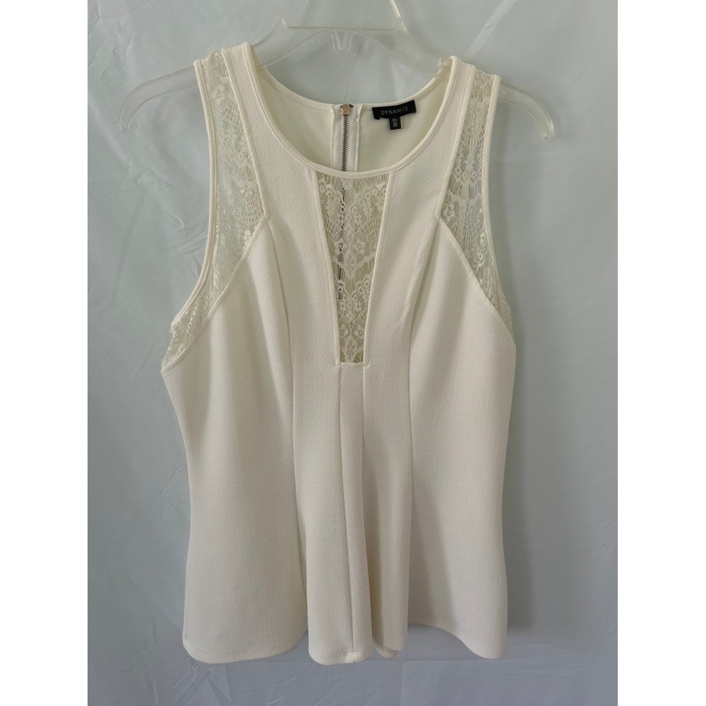 Dynamite Ivory Lace Peplum Sleeveless Top Textured Zip Back Size Large